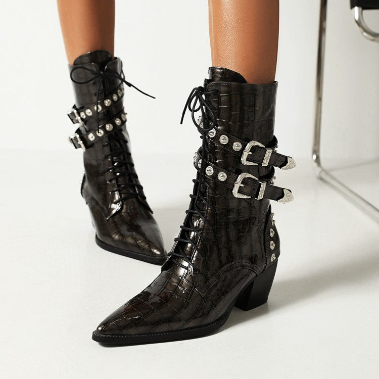 Women Crocodile Pattern Pointed Toe Rivets Block Heel Mid Calf Boots