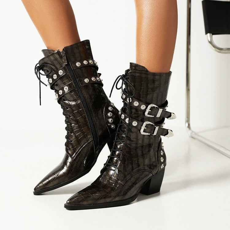 Women Crocodile Pattern Pointed Toe Rivets Block Heel Mid Calf Boots