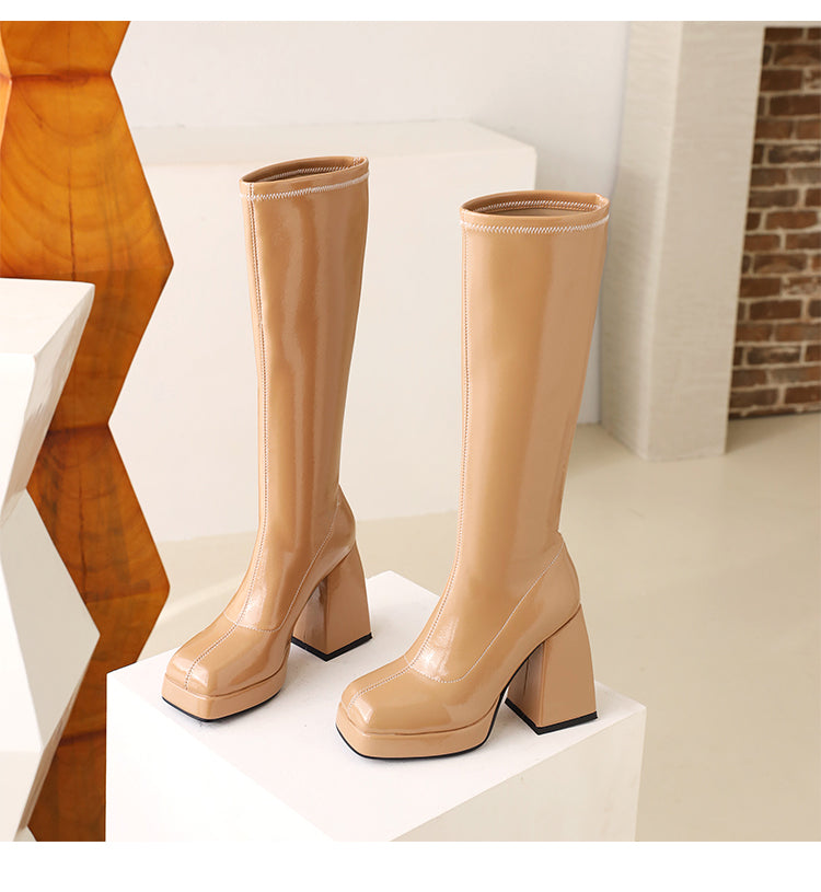 Women Glossy Square Toe Chunky Heel Platform Knee-High Boots