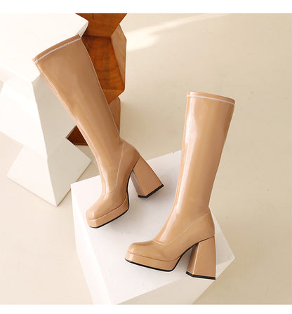 Women Glossy Square Toe Chunky Heel Platform Knee-High Boots