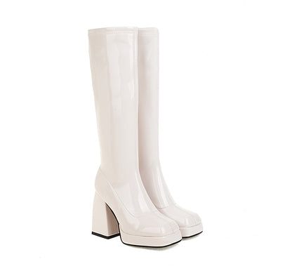 Women Glossy Square Toe Chunky Heel Platform Knee-High Boots