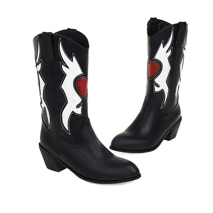 Women Ethnic Printed Pointed Toe Block Heel Mid Calf Boots