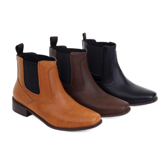 Women Pu Leather Square Toe Stretch Block Heel Short Boots