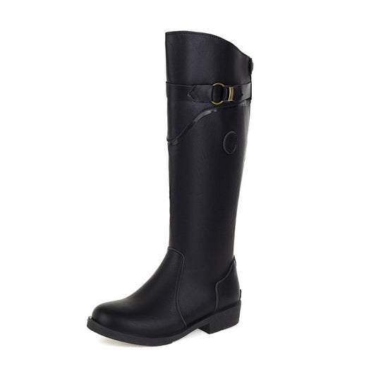 Women Round Toe Buckle Straps Knee High Boots