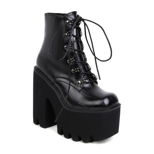 Women Pu Leather Square Toe Lace Up Block Chunky Heel Platform Ankle Boots