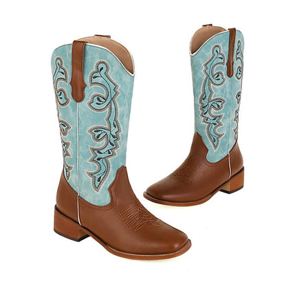 Women Ethnic Pu Leather Embroidery Block Heel Mid Calf Boots