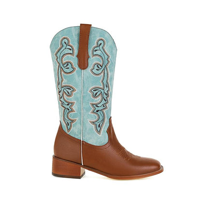 Women Ethnic Pu Leather Embroidery Block Heel Mid Calf Boots