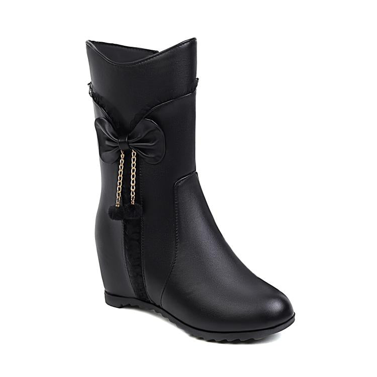 Women Pu Leather Round Toe Side Zippers Bow Tie Pearls Inside Heighten Mid-Calf Boots