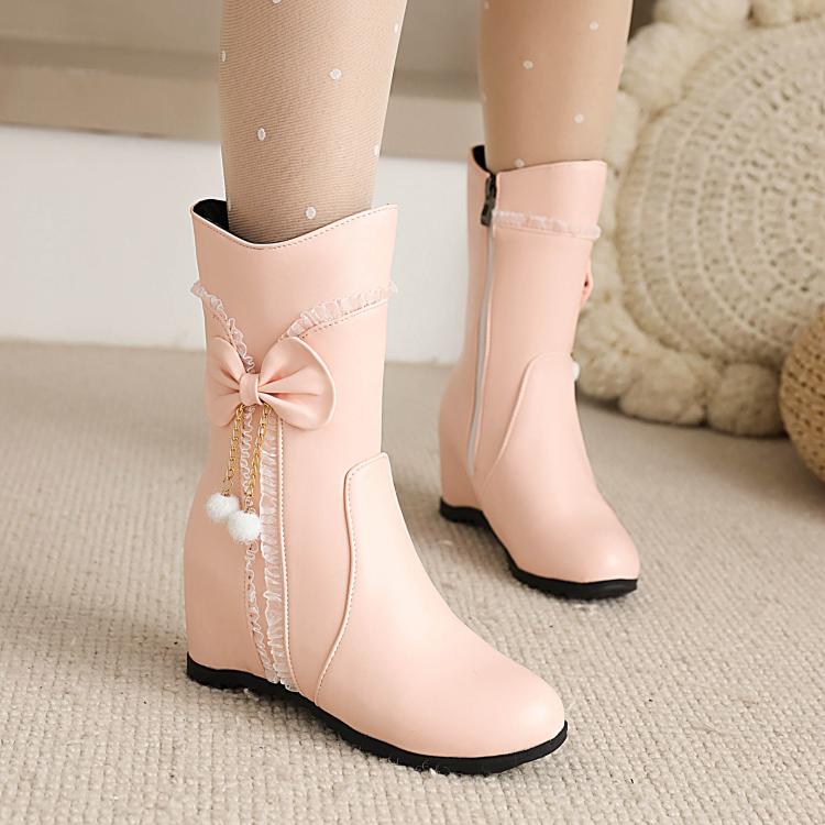 Women Pu Leather Round Toe Side Zippers Bow Tie Pearls Inside Heighten Mid-Calf Boots