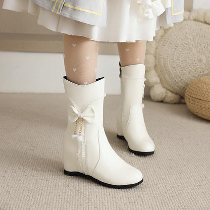 Women Pu Leather Round Toe Side Zippers Bow Tie Pearls Inside Heighten Ankle Boots