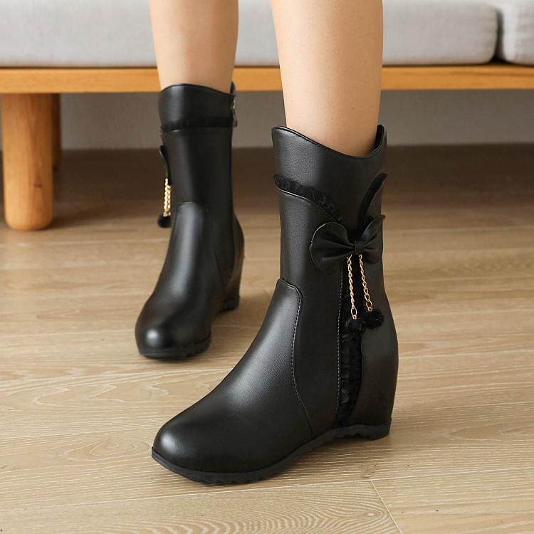 Women Pu Leather Round Toe Side Zippers Bow Tie Pearls Inside Heighten Mid-Calf Boots