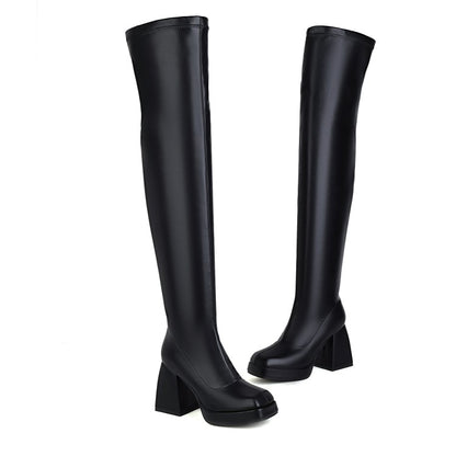 Women Glossy Square Toe Side Zippers Block Chunky Heel Platform Over the Knee Boots