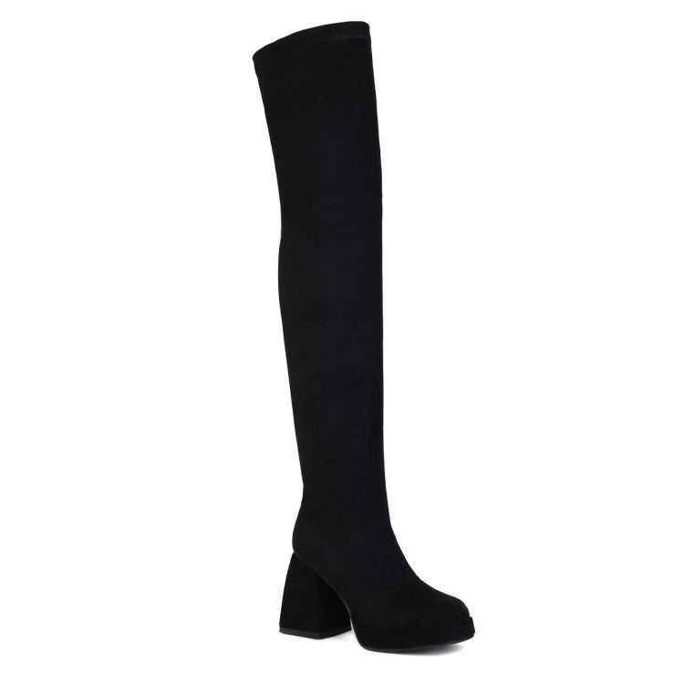 Women Glossy Square Toe Side Zippers Block Chunky Heel Platform Over the Knee Boots