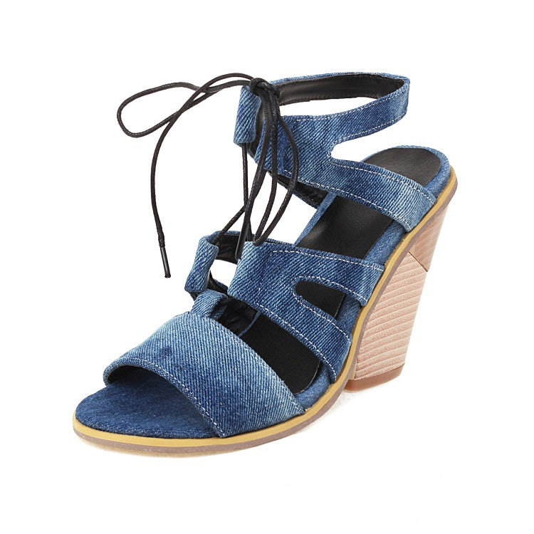 Women Roman Gladiator Denim Tied Straps Cone Heel Sandals