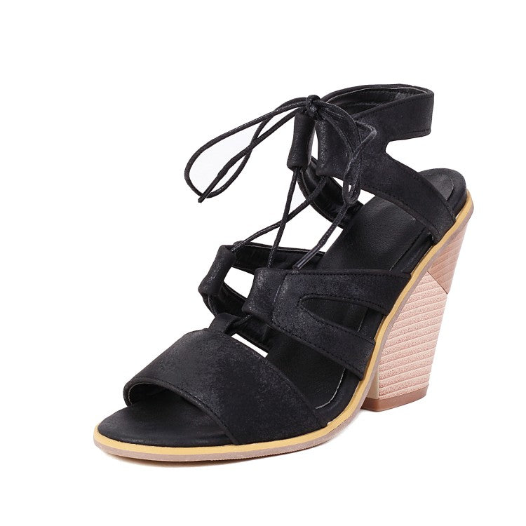 Women Roman Gladiator Denim Tied Straps Cone Heel Sandals