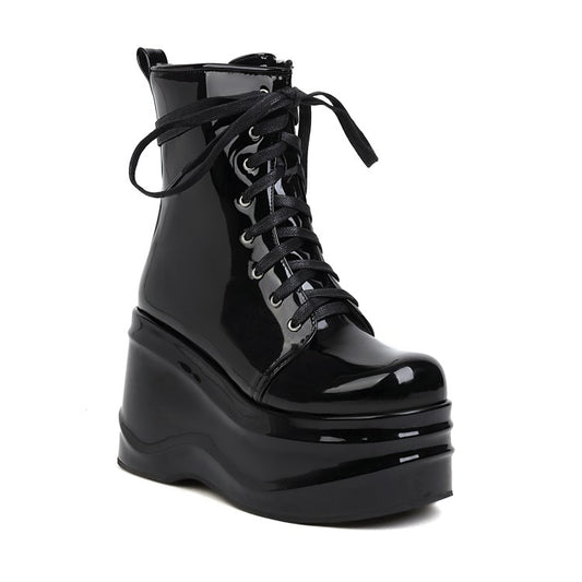 Women Candy Color Pu Leather Round Toe Lace Up Wedge Heel Platform Ankle Boots