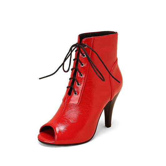 Women Pu Leather Peep Toe Lace Up Cone Heel Short Boots