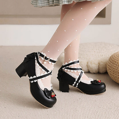 Women Almond Toe Lace Bow Tie Chunky Heel Platform Pumps