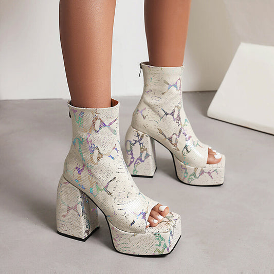 Women Snake Printed Open Toe Side Zippers Block Chunky Heel Platform Ankle Boots