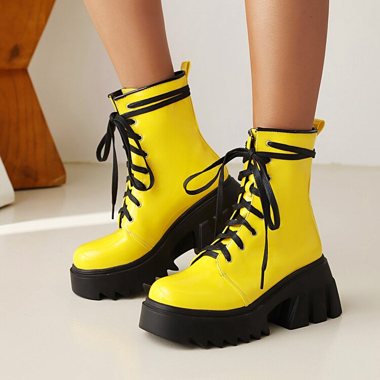 Women Candy Color Pu Leather Round Toe Lace Up Wedge Heel Platform Ankle Boots