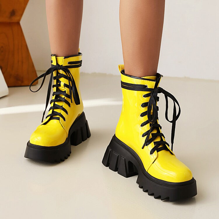 Women Candy Color Pu Leather Round Toe Lace Up Wedge Heel Platform Ankle Boots