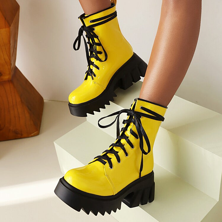 Women Candy Color Pu Leather Round Toe Lace Up Wedge Heel Platform Ankle Boots