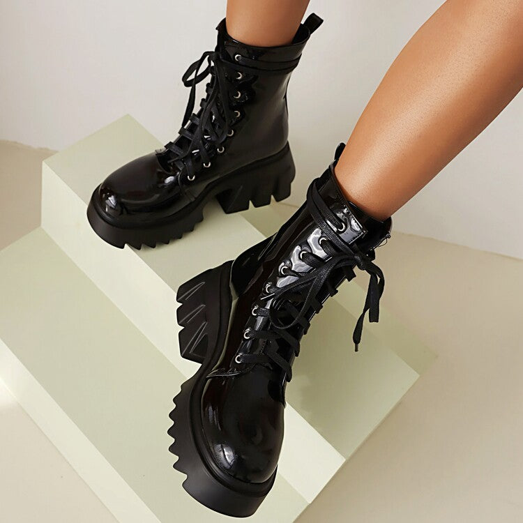 Women Candy Color Pu Leather Round Toe Lace Up Wedge Heel Platform Ankle Boots