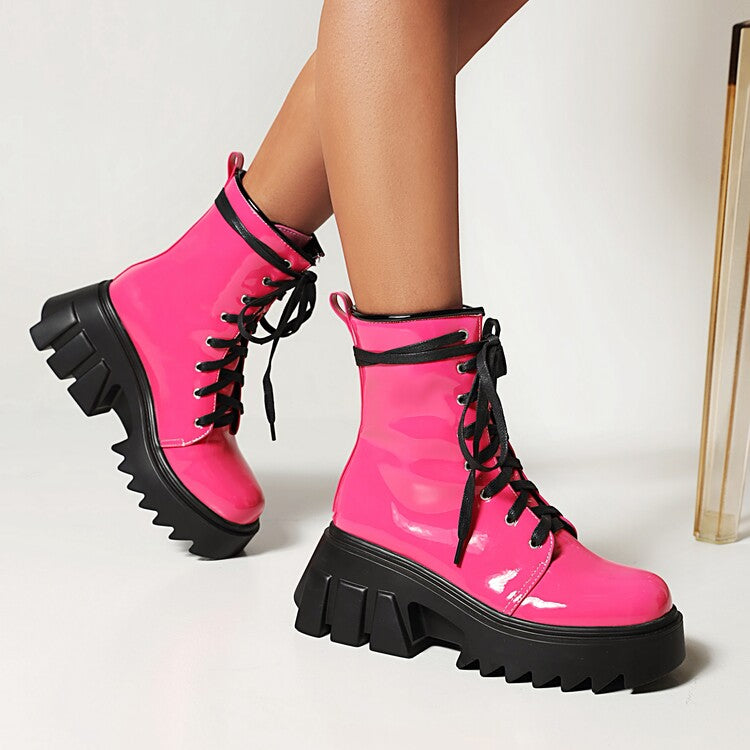 Women Candy Color Pu Leather Round Toe Lace Up Wedge Heel Platform Ankle Boots