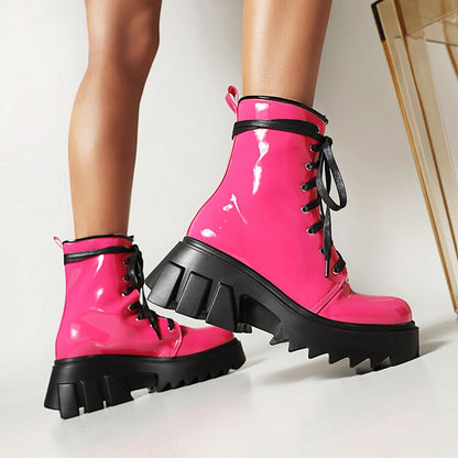 Women Candy Color Pu Leather Round Toe Lace Up Wedge Heel Platform Ankle Boots