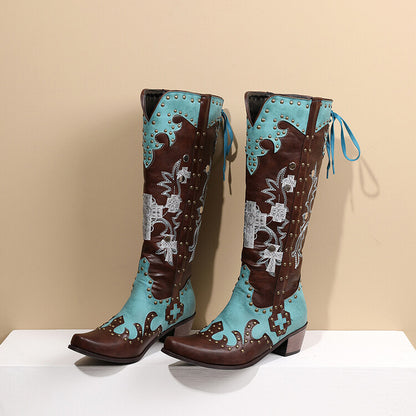 Women Embroidery Rivets Puppy Heel Knee High Boots