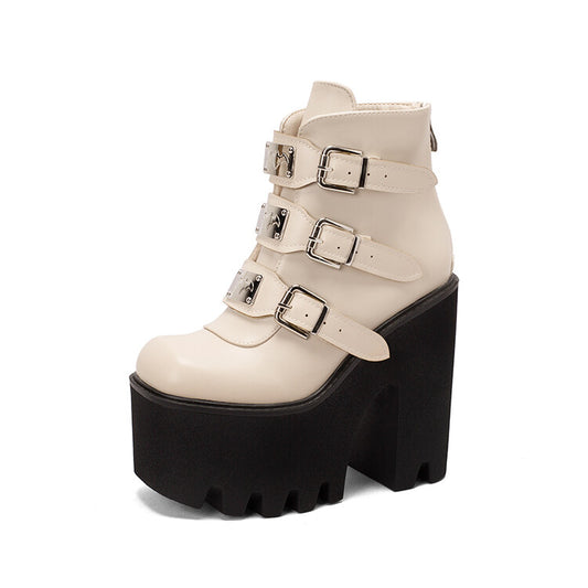 Women Pu Leather Square Toe Metal Buckle Straps Block Chunky Heel Platform Ankle Boots