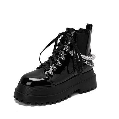 Women Pu Leather Round Toe Pearls Metal Chains Lace Up Flat Platform Ankle Boots