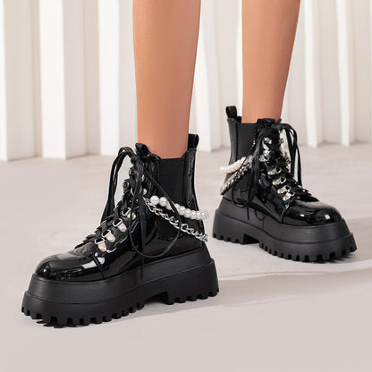 Women Pu Leather Round Toe Pearls Metal Chains Lace Up Flat Platform Ankle Boots