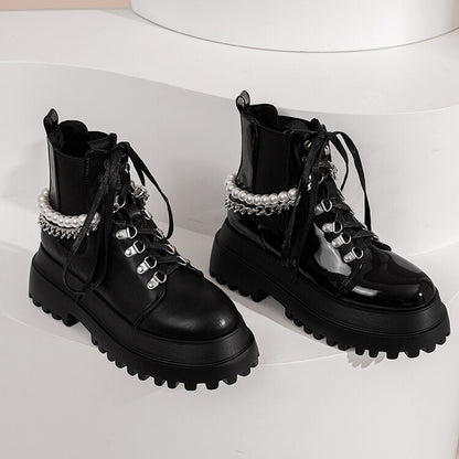 Women Pu Leather Round Toe Pearls Metal Chains Lace Up Flat Platform Ankle Boots