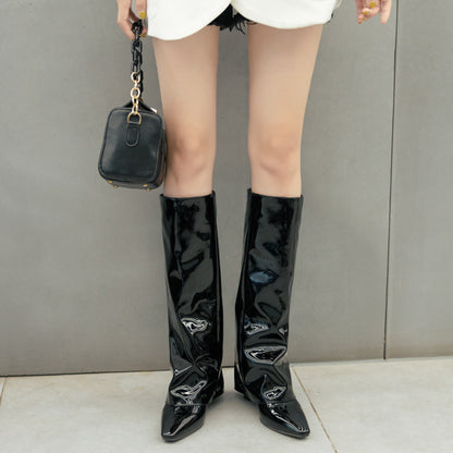 Women Fold Wedge Heel Mid Calf Boots