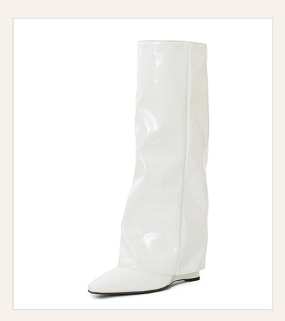 Women Fold Wedge Heel Mid Calf Boots