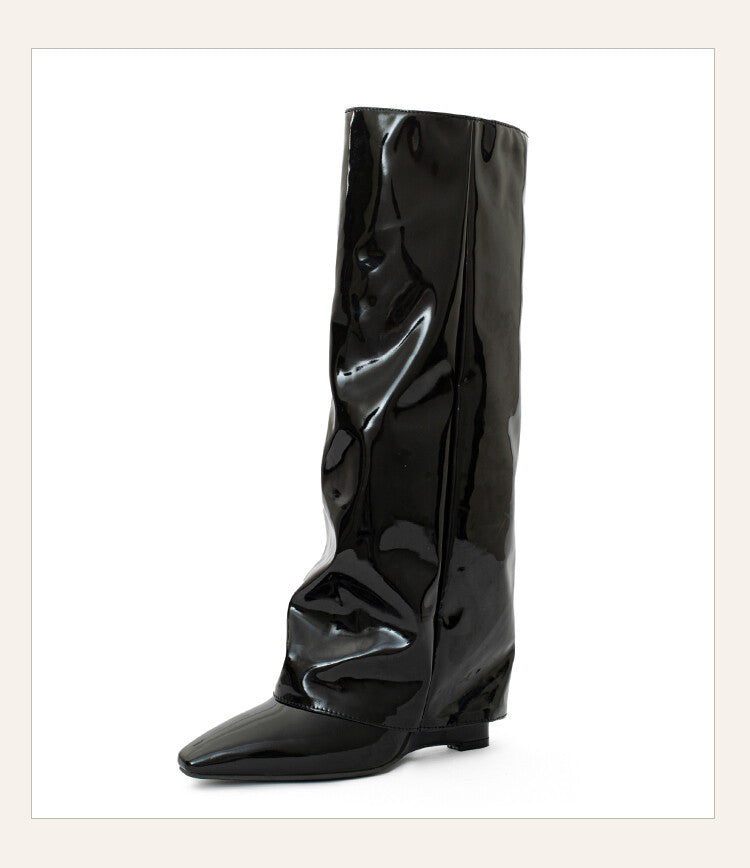 Women Fold Wedge Heel Mid Calf Boots