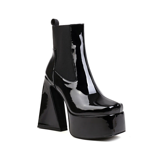 Women Glossy Square Toe Stretch Block Chunky Heel Platform Ankle Boots