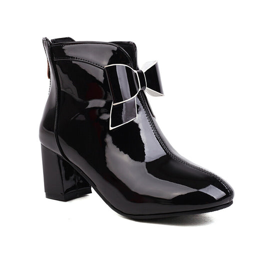 Women Round Toe Bow Tie Block Chunky Heel Short Boots