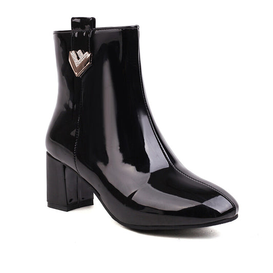 Women Pu Leather Side Zippers Rhinestone Block Chunky Heel Short Boots