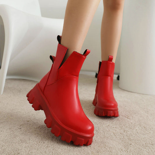 Women Round Toe Side Zippers Block Chunky Heel Platform Short Boots