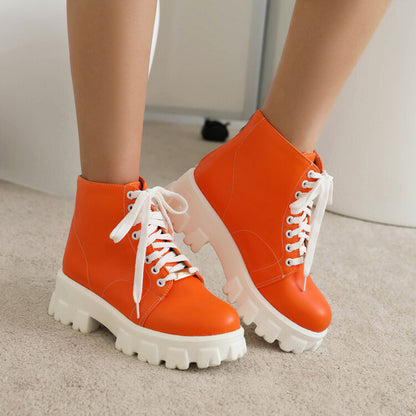 Women Round Toe Lace Up Back Zippers Block Chunky Heel Platform Short Boots