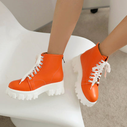 Women Round Toe Lace Up Back Zippers Block Chunky Heel Platform Short Boots