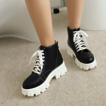 Women Round Toe Lace Up Back Zippers Block Chunky Heel Platform Short Boots