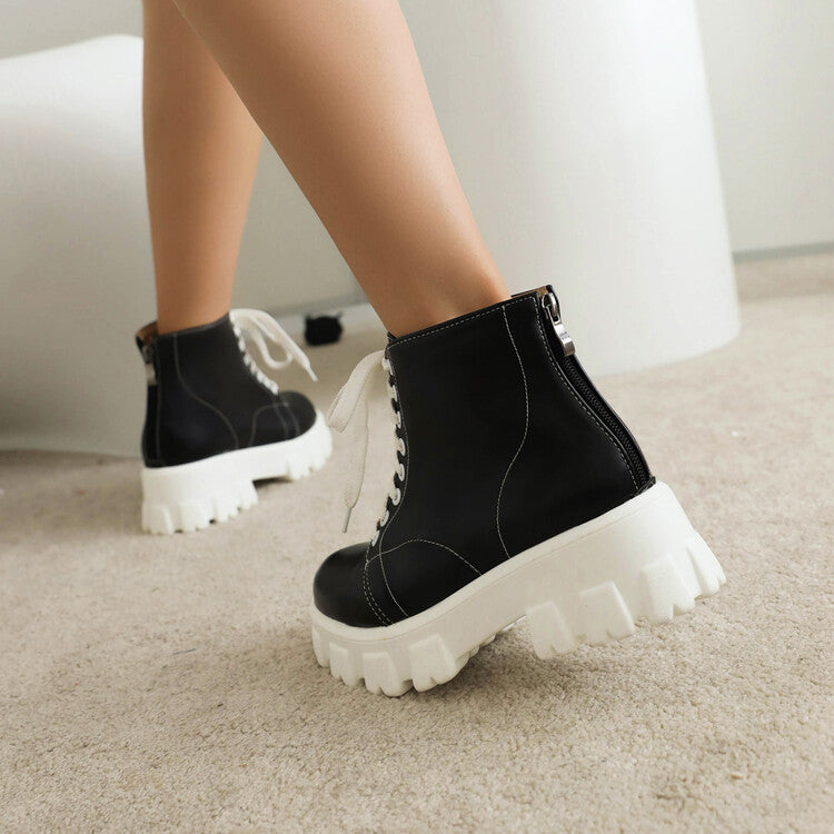 Women Round Toe Lace Up Back Zippers Block Chunky Heel Platform Short Boots