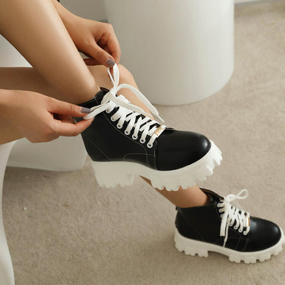 Women Round Toe Lace Up Back Zippers Block Chunky Heel Platform Short Boots