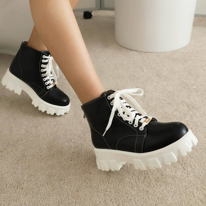 Women Round Toe Lace Up Back Zippers Block Chunky Heel Platform Short Boots