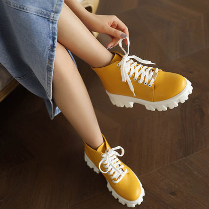 Women Round Toe Lace Up Back Zippers Block Chunky Heel Platform Short Boots