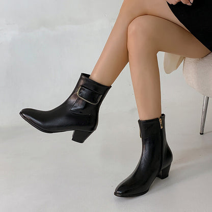 Women Pu Leather Pointed Toe Side Zippers Pocket Block Heel Short Boots