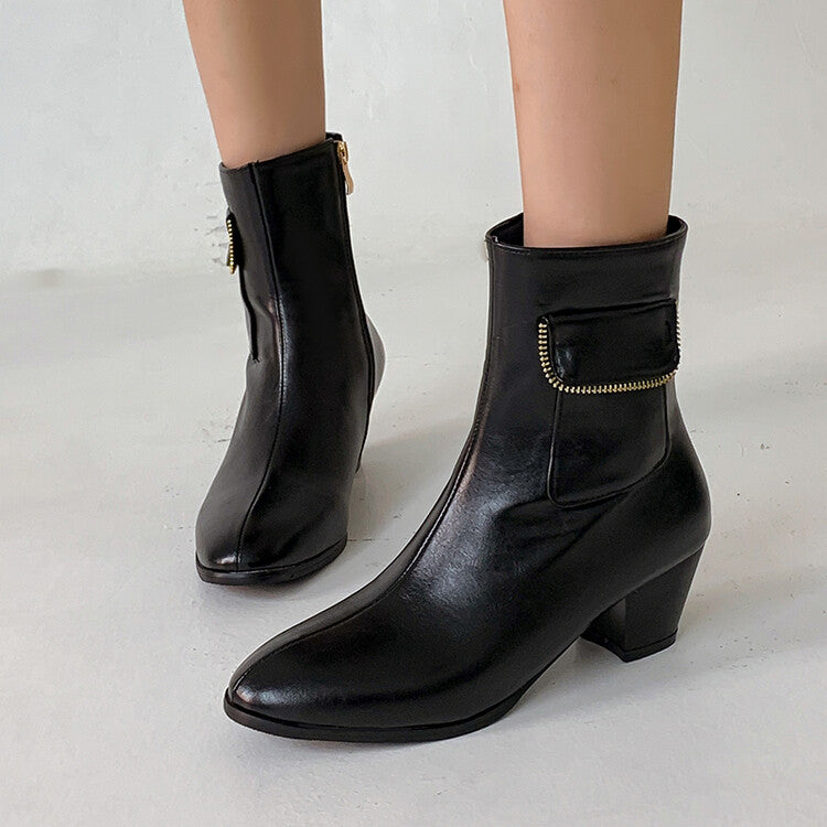 Women Pu Leather Pointed Toe Side Zippers Pocket Block Heel Short Boots